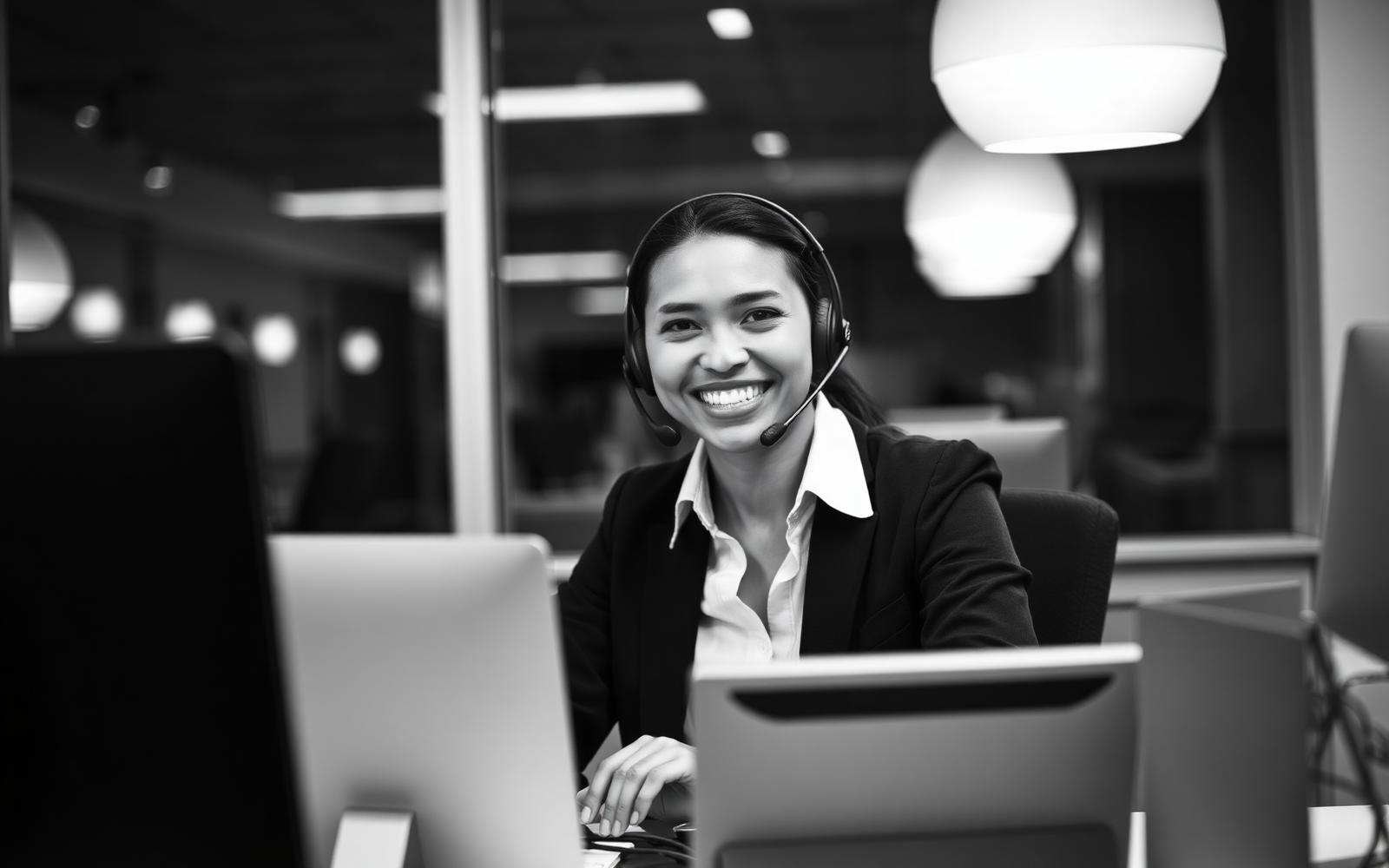 Agente de atención al cliente de Tu-Voz sonriendo con auriculares